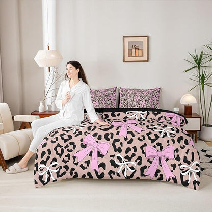 Erosebridal Bow Leopard Girly Pink Full Comforter Set 7 Pieces | Bowknot Ribbon Bed in A Bag for Bedroom Fur Print Cheetah Bedding Set with Comforters Brown Black Room Decor