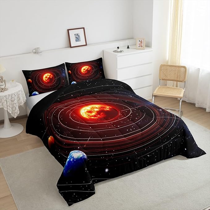 Erosebridal Galaxy Comforter Set Queen Size, Planet Down Comforter, Universe Stars Solar System Quilted Duvet, Mysterious Outer Space Cosmic Bedding Set, Super Soft Breathable Lightweight