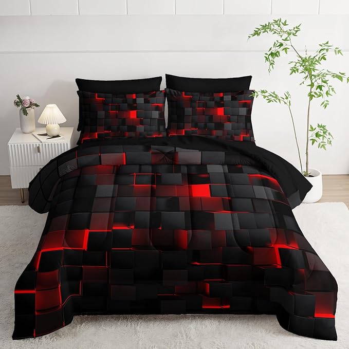 Geometric Red Black King Comforter Set,Light Honeycomb Bedding Set 7 Piece in A Bag,Bed Sheet Set Geometry Decor,Microfiber Lightweight All Season