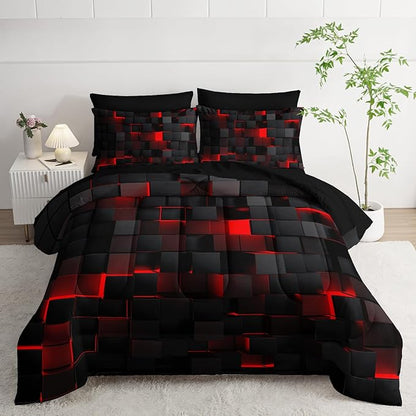Geometric Red Black Queen Comforter Set,Light Honeycomb Bedding Set 7 Piece in A Bag,Bed Sheet Set Geometry Decor,Microfiber Lightweight All Season