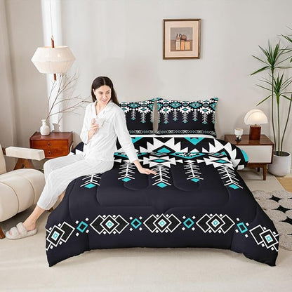 Erosebridal Queen Western Aztec Comforter Set for Boys, Native American Navajo Bedding Set Rustic Southwestern Quilt Ethnic American Native Geometric Down Comforter for Teens Adult Bedroom, Black