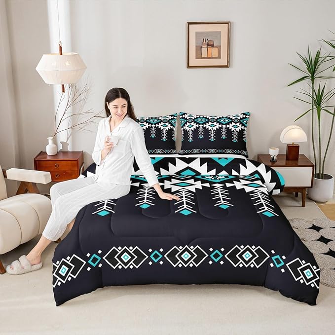 Erosebridal Twin Western Aztec Comforter Set for Boys, Native American Navajo Bedding Set Rustic Southwestern Quilt Ethnic American Native Geometric Down Comforter for Teens Adult Bedroom, Black