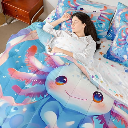 Feelyou Cartoon Salamander Twin Comforter Set with Sheets for Kids Boys Girls Cute Axolotl 7 Pieces Bedding Set Kawaii Ocean Sealife Bed in a Bag Gift for Girls Women Room Lightweight Microfiber