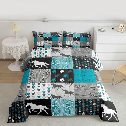 Horse Comforter Set King Size Patchwork Teal Unicorn Bedding Set For Kids Boys Girls Black Gray Wild Horses Wood Grain Down Comforter Geometric Lattice Arrow Grid Animal Room Decor Duvet Set