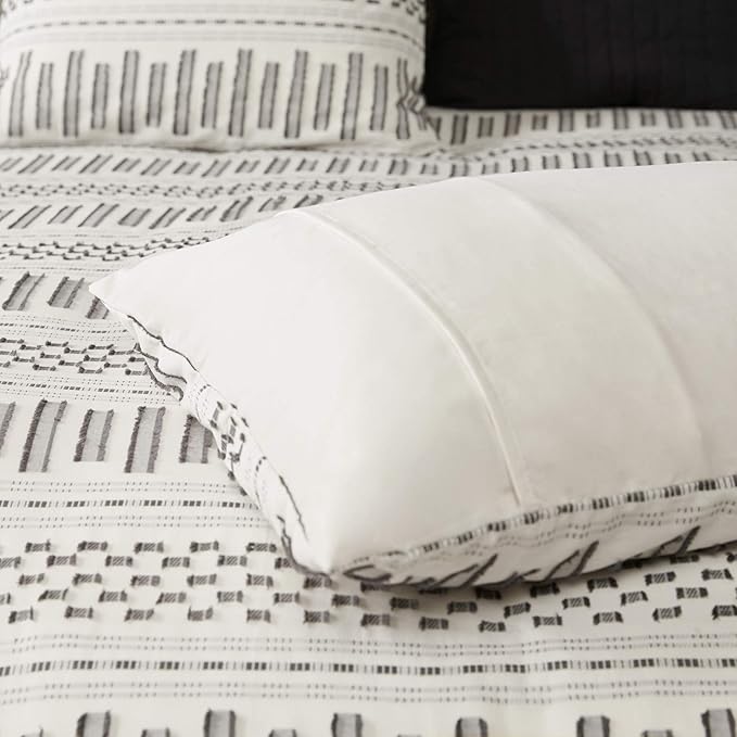 INK+IVY Rhea 100% Cotton Duvet Set Mid Century Modern Boho Design, All Season Comforter Cover Bedding Set, Matching Shams, Full/Queen, Geometric Clipped Jacquard Ivory 3 Piece