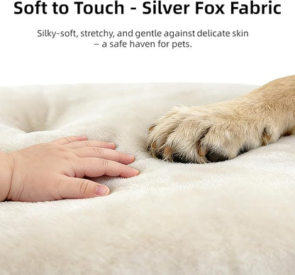 Washable Large Dog Bed 35x22 Inch - Silver Fox Faux Fur Supportive Pad, Non-Slip Bottom Durable Oval Pet Bed Indoor Outdoor for Medium Dogs Cats(Beige)