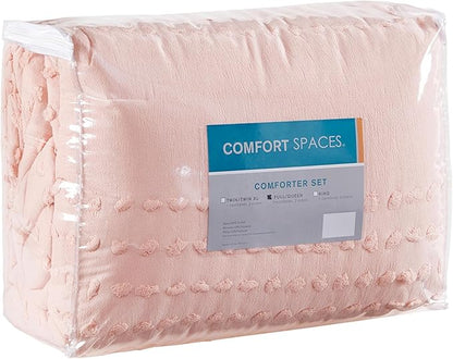Comfort Spaces Cotton Comforter Set Jacquard Pom-Pom Tufts Design, Down Alternative, All Season Modern Bedding, Matching Shams, Full/Queen, Phillips, Blush