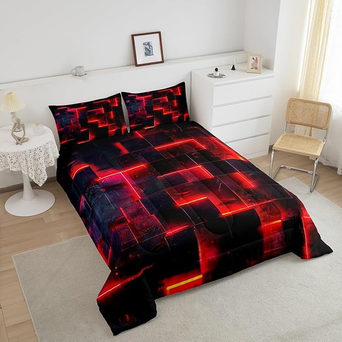 Black Red Abstract Comforter Queen Gradient Square Queen Bedding Set, Grid Down Comforter Neon Checkered Bed Set, Glowing Plaid Quilted Duvet 3D Modern Bedroom Decor 3pcs (Black Reversible)