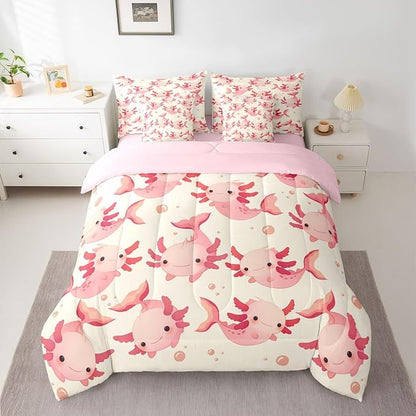 Erosebridal Axolotl Bed in A Bag Twin | Kawaii Pink Salamander Mermaid 7 Piece Comforter Set Ocean Animals Sheet Set Breathable Lightweight Underwater World Fitted Sheet Reversible