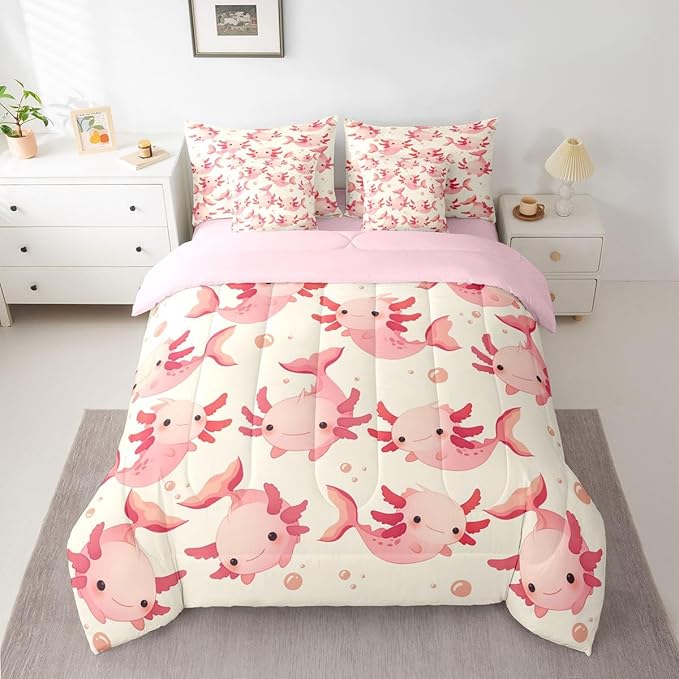 Erosebridal Axolotl Bed in A Bag King | Kawaii Pink Salamander Mermaid 7 Piece Comforter Set Ocean Animals Sheet Set Breathable Lightweight Underwater World Fitted Sheet Reversible