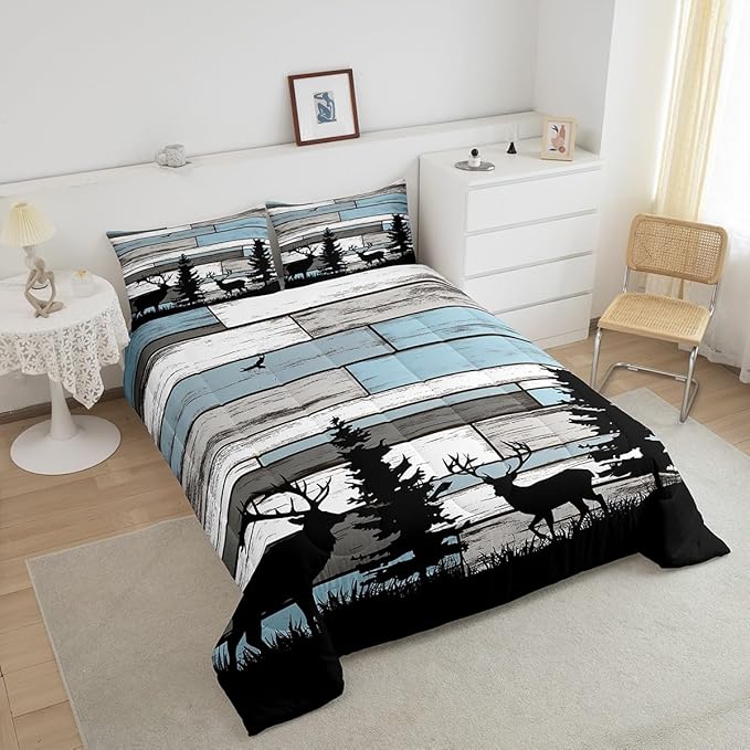 Feelyou Deer Comforter Set for Girls Boys Kids Deer Hunting Bedding Set Room Decorative Western Rustic Forest Animal Print Bedding Set Canbin Deer Brown Duvet Set Full Size 3pcs Quilt Set