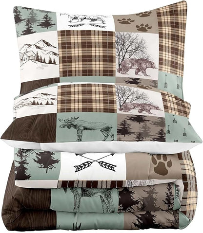 LUVIVIHOME 3PCS Rustic Patchwork Comforter Set King, Brown Plaid Sage Green Comforter, Bear Deer Elk Moose Woodland Forest Animal Wildlife Country Lodge Cabin Bedding Farmhouse Quilt, 2 Pillow Shams