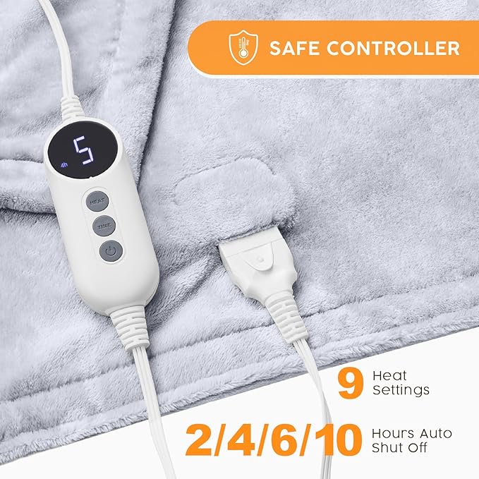 HYLEORY Heated Electric Blanket Throw, 2-Layer Cozy Warm Flannel 62" x 84", Heating Blanket with 9 Heating Levels, 2/4/6/10 Hours Auto Off, Fast Heating Winter Blanket, Light Grey