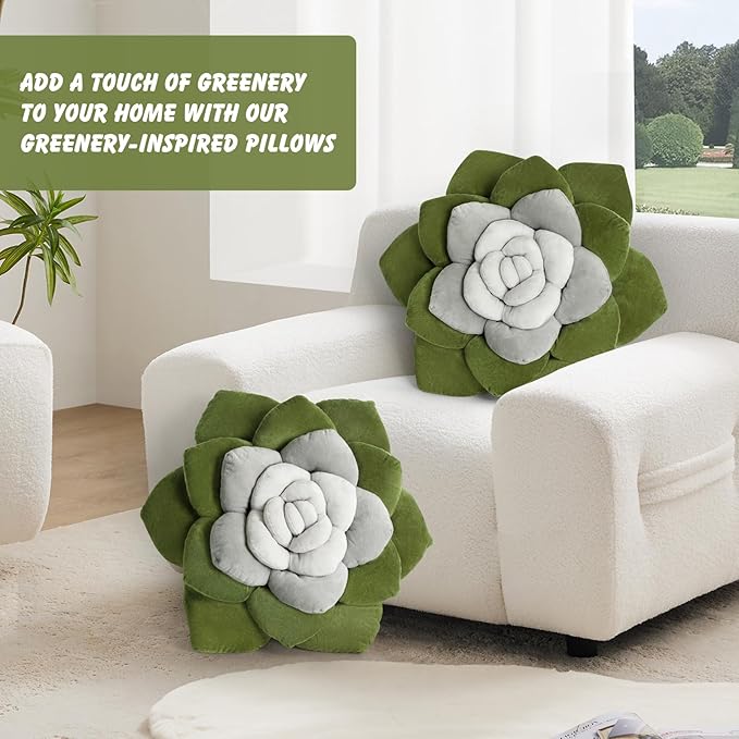 Flower Throw Pillow - 17.8" Plant Shaped Cushion, Soft Plush Decorative Pillow for Bedroom & Living Room, Unique Green Design, Home Decor Accen