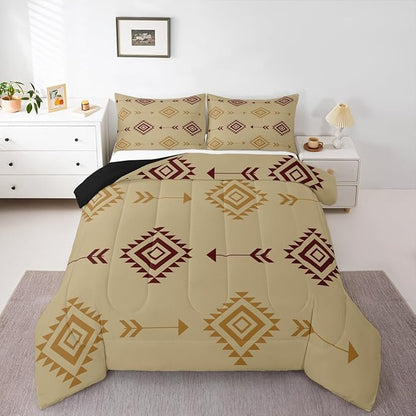Feelyou Kids Brown Boho Western Bedding Set Twin Size Southwestern Aztec Tribal Comforter Set for Boys Girls Bohemian Duvet Quilt