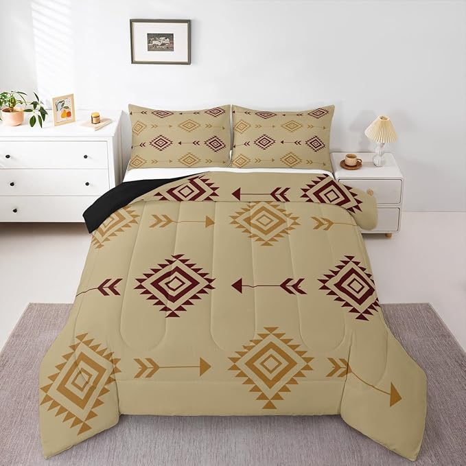 Feelyou Kids Brown Boho Western Bedding Set Toddler Size Southwestern Aztec Tribal Comforter Set for Boys Girls Bohemian Duvet Quilt