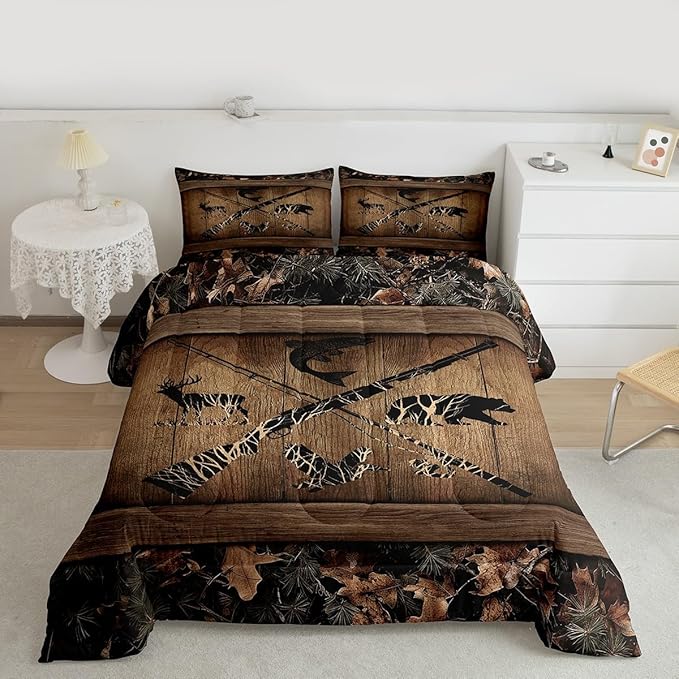 Erosebridal Rustic Farmhouse Bedding Sets Retro Camo Cabin Lodge Comforter Set Toddler Hunting and Fishing Bedding Comforter Sets for Boys Adults Men Wildlife Bear Deer Fish Duck Quilt Set 2 Pcs