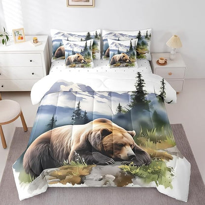 7Pcs Rustic Bear Print Comforter Set With Sheets, King Size Funny Brown Bear Bedding Bed In A Bag, Farmhouse Cabin Bed Set For Boys Kids Teens Watercolor Country Style Wild Animal Comforter