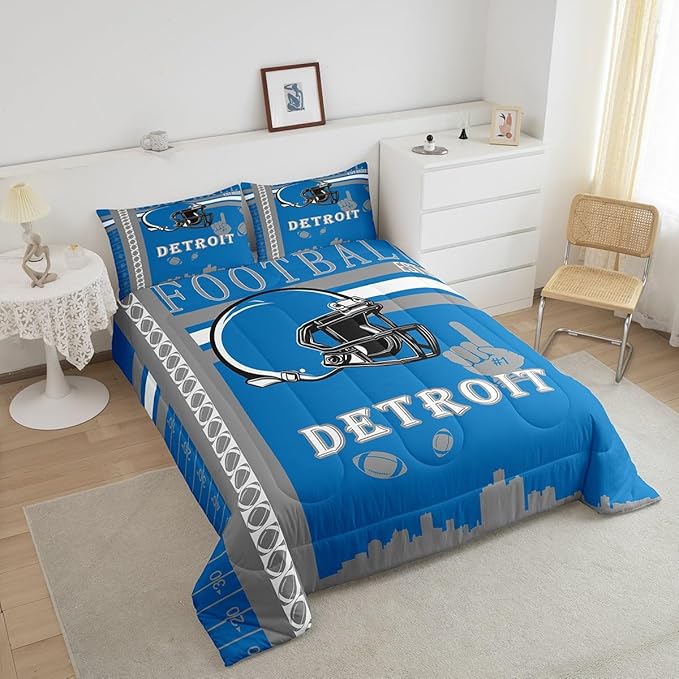 Feelyou Football Bedding Set Boys Girls Queen Size Women Men Rugby Sports Comforter Football City Duvet Quilt Gray Blue Room Decor