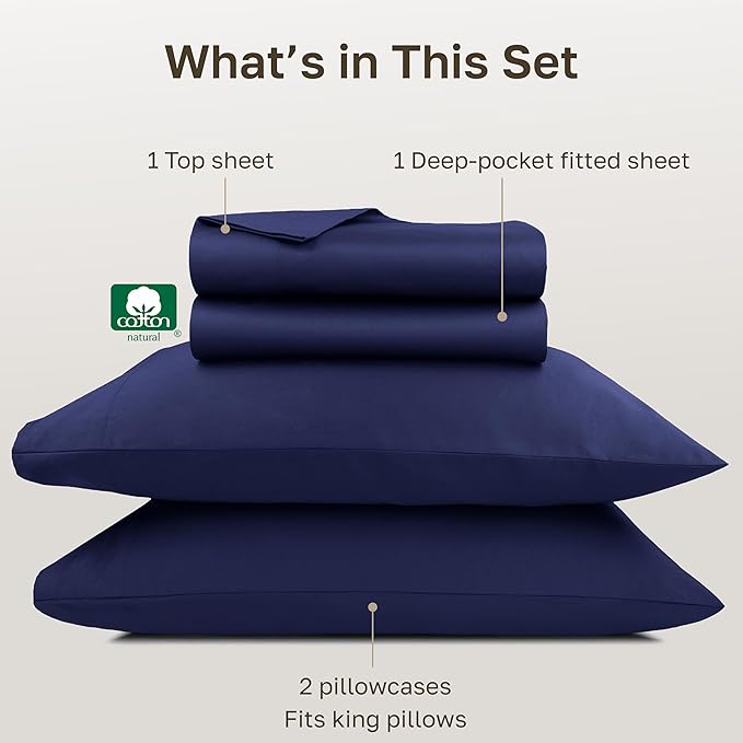 California Design Den King Sheets Deep Pocket Set - 1000 Thread Count Sateen, Thick and Natural 100% Cotton Bed Sheets for King Size Bed, Durable Bedding Set - Navy Blue