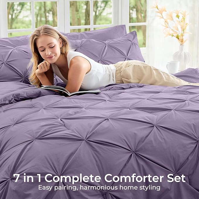 Sasttie King Size Comforter Set, 7-Piece Bed in a Bag, Pintuck Bedding Set for All Season, Includes Comforter, Flat Sheet, Fitted Sheet, Pillowcases and Pillowshams, New Purple
