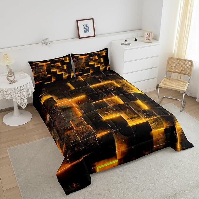 3D Geometric Bedding Set King Abstract Aesthetic King Comforter, Black and Orange Duvet Insert Glowing Futuristic Cubes Quilt Comforter, Neon Grid Bedding Comforters & Sets 3-Piece (Black Reversible)