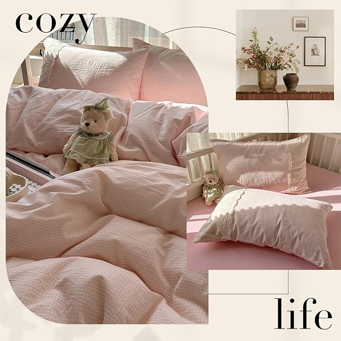 HighBuy King Comforter Set Pink Grid Gingham Comforter Set,3 Piece Modern Style Grid Plaid Comforter Set with Lace Ruffle Fluffy Soft Lightweight Plaid Gingham Bedding Set Fluffy Checkered
