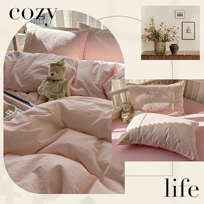 HighBuy King Comforter Set Pink Grid Gingham Comforter Set,3 Piece Modern Style Grid Plaid Comforter Set with Lace Ruffle Fluffy Soft Lightweight Plaid Gingham Bedding Set Fluffy Checkered