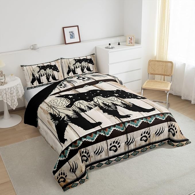 Feelyou Bear Bedding Set Wild Animal Hunt Comforter Set for Kids Boys Girls Boho Southwestern Comforter Rustic Wood Print Quilt Set Room 3Pcs Queen Size