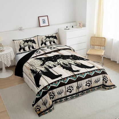 Feelyou Bear Bedding Set Wild Animal Hunt Comforter Set for Kids Boys Girls Boho Southwestern Comforter Rustic Wood Print Quilt Set Room 3Pcs Queen Size