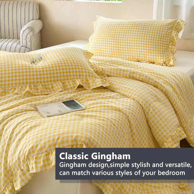 NSNLGSGC Yellow Ruffle Gingham Comforter Set Queen, Pre-Washed Ruffled Plaid Checked Comforter Bedding, 3 Pieces Vintage Farmhouse Grid Bedding Set(Yellow Gingham, Queen)