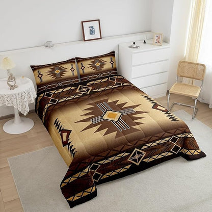 Southwest Comforter Sets Queen Size,Western Aztec Tribal Pattern Bedding Set Retro Stripe Quilt Set for Teens Woman Men Adult Room Decor,Rustic Country Brown Duvet Insert,2 Pillowcases