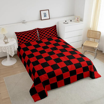 Feelyou Checkered Bedding Set Teen Women Men Red Black Plaid Comforter Set Twin Size Kids Boys Girls Cute Retro Neutral Checkerboard Geometric Duvet Insert Vintage Aesthetic Room Decor