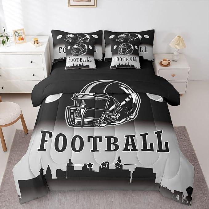 Erosebridal Football City Bed in A Bag Ball Sports Game 7 Piece Bedding Set American Soccer Sports Rugby Comforter Set with Sheets Queen Size for Kids Teen Adults,Black Grey Ombre Bed Set