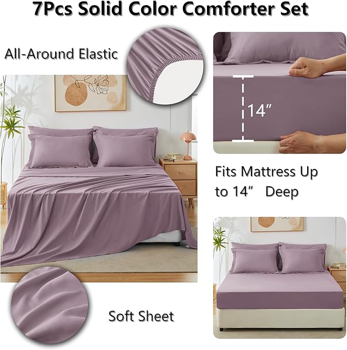 CozyLux King Size Comforter Set Dusty Purple, 7 Pieces Bed in a Bag King Comforter Set with Sheets, Bedding Set with Down Alternative Comforter, Fitted Sheet, Flat Sheet, Pillow Shams and Pillowcases