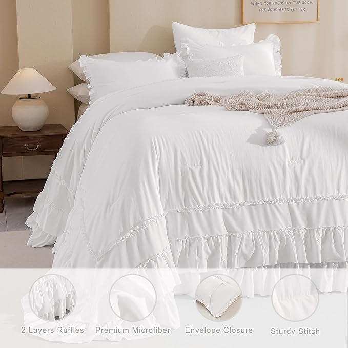QSH Oversized King Comforter 128x120,3PCs Natural White Farmhouse French Country Ruffled Bedding Comforter Set Shabby Boho Chic California King Bed Comforter Rustic Lightweight Soft Microfiber Bedding