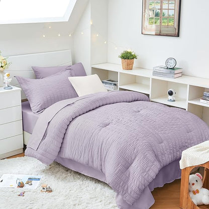 HYMOKEGE Lavender Twin XL Comforter Set Seersucker 5 Pieces, All Season Luxury Bed in a Bag for Bedroom, Bedding Set with Comforter, Sheets, Pillowcase & Sham
