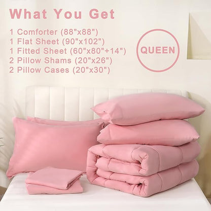 DOWNCOOL Queen Comforter Set, 7 Pieces Bedding Sets Queen Pink, All Season Down Alternative Bed in a Bag Queen with Comforter, Flat Sheet, Fitted Sheet, 2 Pillow Shams & 2 Pillowcases