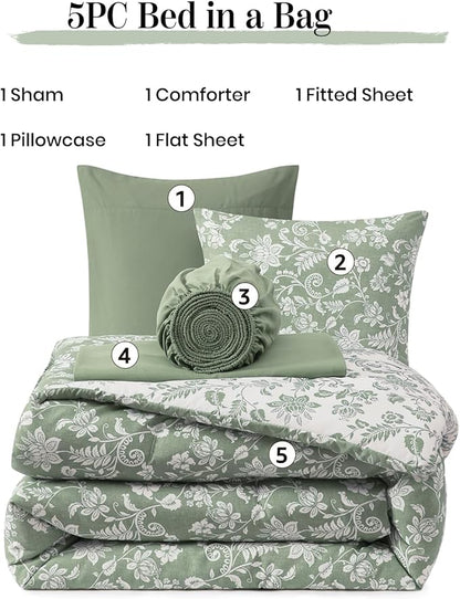 Twin XL Comforter Set -5 Pieces Floral Grey Green Bedding Set for All Seasons, Bed in a Bag with Botanical Flowers Comforter, Sheets, Pillowcase & Sham