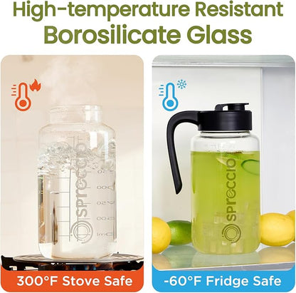 Borosilicate Glass Pitcher with Lid, 64 oz Mason Jar Pitcher Pour Spout Lid Airtight Leak-proof, Sun Tea Glass Jar for Outside, Breastmilk, Cold Brew, Coffee and Iced Tea