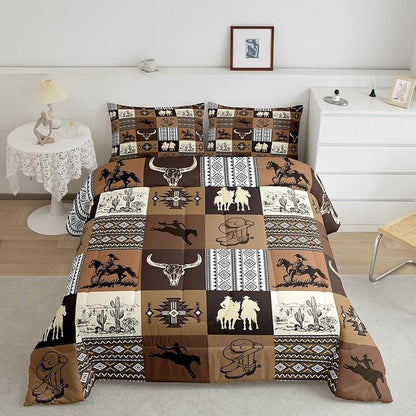 Western Cowboy Comforter Set King Size,Southwest Bedding Sets 3Pcs for Kids Boys Girls Men Room Decor,Vintage Aztec Tribal Quilt Set Desert Cactus Cowgirl Print Grid Duvet Insert 3Pcs,Brown