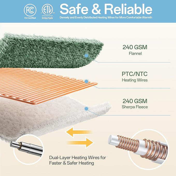 Electric Blanket Heated Twin Size-62" x 84" Heated Blanket with 8 Heat Levels & 10 Hours Auto Off, Fast Heating Flannel Blankets Machine Washable with ETL & FCC Certified, Green