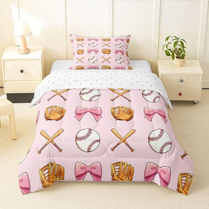 Castle Fairy Bow Baseball Comforter Set Twin Size,Baseball Bat Gloves Bedding Sets 2Pcs for Kids Girls Boys Women Room Decor,Girl Sports Games Quilted Duvet Kawaii Pink Down Comforter,1 Pillowcase