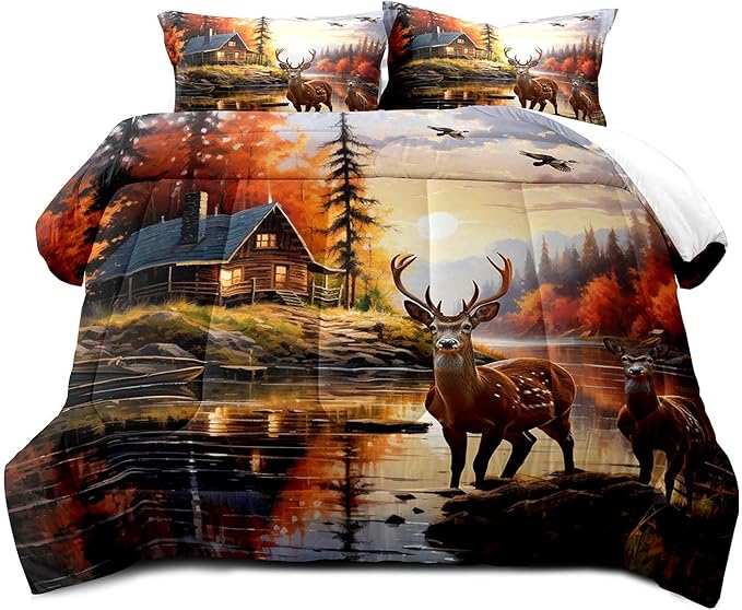 LUVIVIHOME 3PCS Deer Comforter Set Full Size, Mallard Duck Elk Moose Lake Mountain Fall Tree Forest Animal Wildlife Hunting Hunter Country Lodge Rustic Farmhouse Cabin Bedding Sets, 2 Pillow Shams