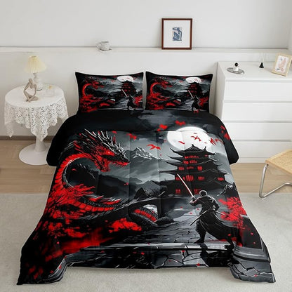 Erosebridal Dragon Bedding Set King Size, Japanese Style Comforter Set for Teens Youth Adult Men Room，Ancient Animal Quilt, Retro Wildlife Ukiyo-E Down Comforter, Black Grey Red