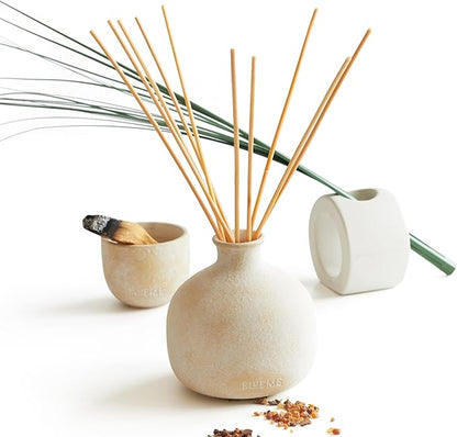 Blueme Spiritual Diffuser | Palo Santo & Vetiver | 5.92 Fl Oz - Refillable Wellness Diffuser, Contains Essential Oil, Sustainable, Hand Finished, Premium, Luxury Ceramic, Natural Rattan Reeds, | Small