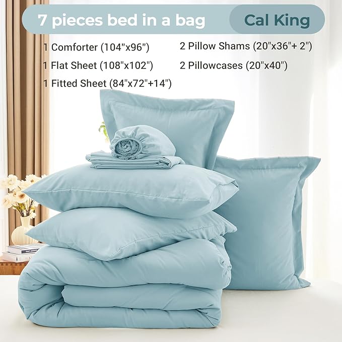 MUXHOMO 7 Pieces California King Comforter Set, Soft Bed in a Bag Cal King Size, All Season Bedding Set with Comforter, Flat Sheet, Fitted Sheet, Pillowcases & Shams, Lake Blue