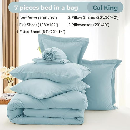 MUXHOMO 7 Pieces California King Comforter Set, Soft Bed in a Bag Cal King Size, All Season Bedding Set with Comforter, Flat Sheet, Fitted Sheet, Pillowcases & Shams, Lake Blue