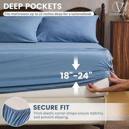 100% Linen Sheet Set King Size Extra Deep Pocket Fits 18-24 Inch Mattress, Breathable & Soft, Smooth 6-Piece Set for Thick Mattresses Hotel Luxury Bedding（King, Dusty Blue）