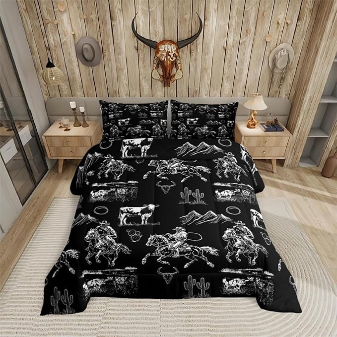 Erosebridal Western Cowboy Bedding Toddler Black White Horse Cow Print Comforter Set for Kids Boys Teen Men Country Wild West Bedding Comforter Sets Desert Cactus Quilt Duvet Rustic Room Decor